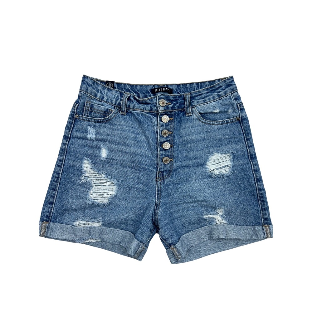 Elite Jean Distressed Denim Shorts High Waist Button Fly Cuffed Hem Size‎ 3/26